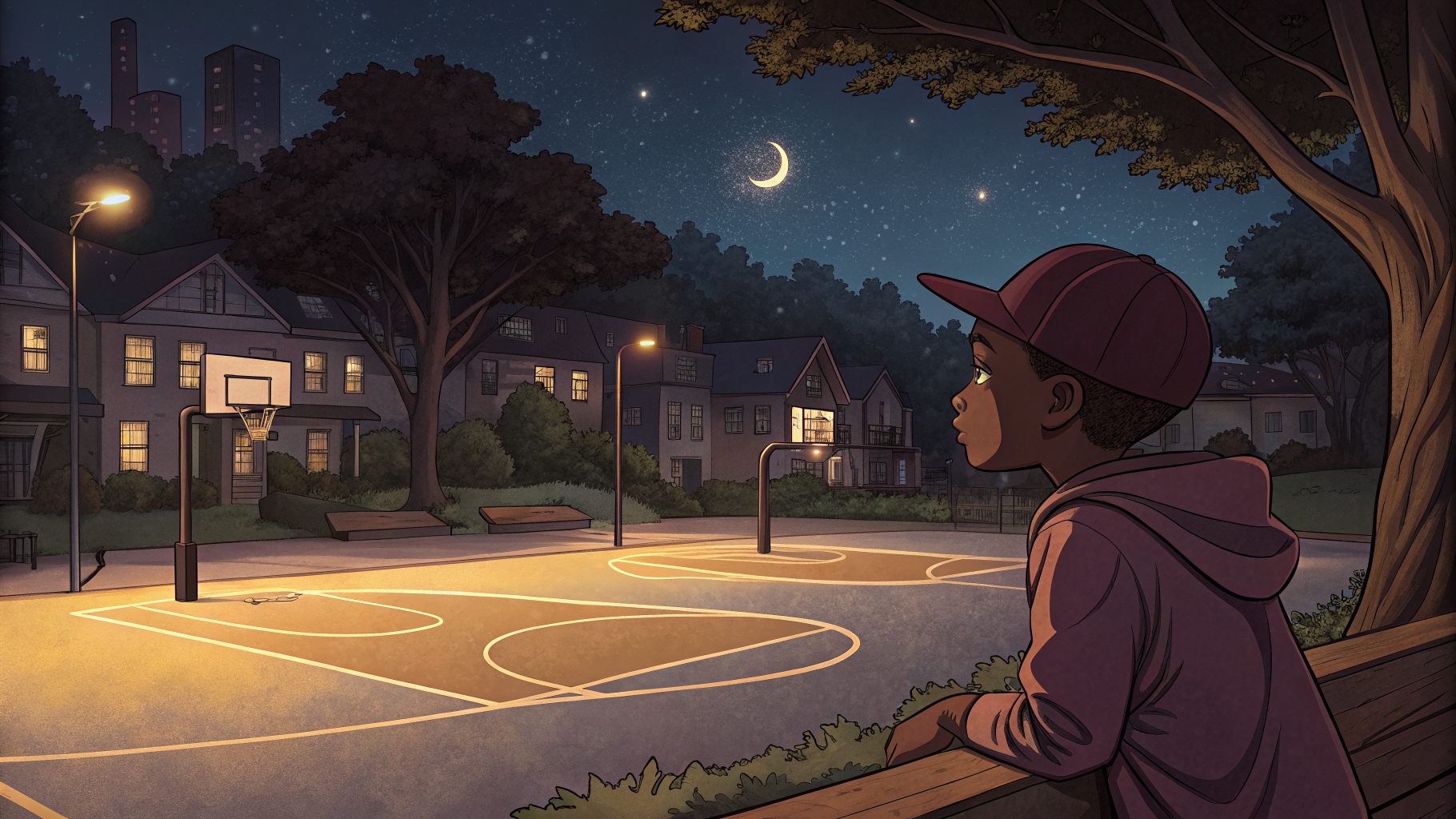 Basketball court at night under the stars — setting of the Night at the Court adventure