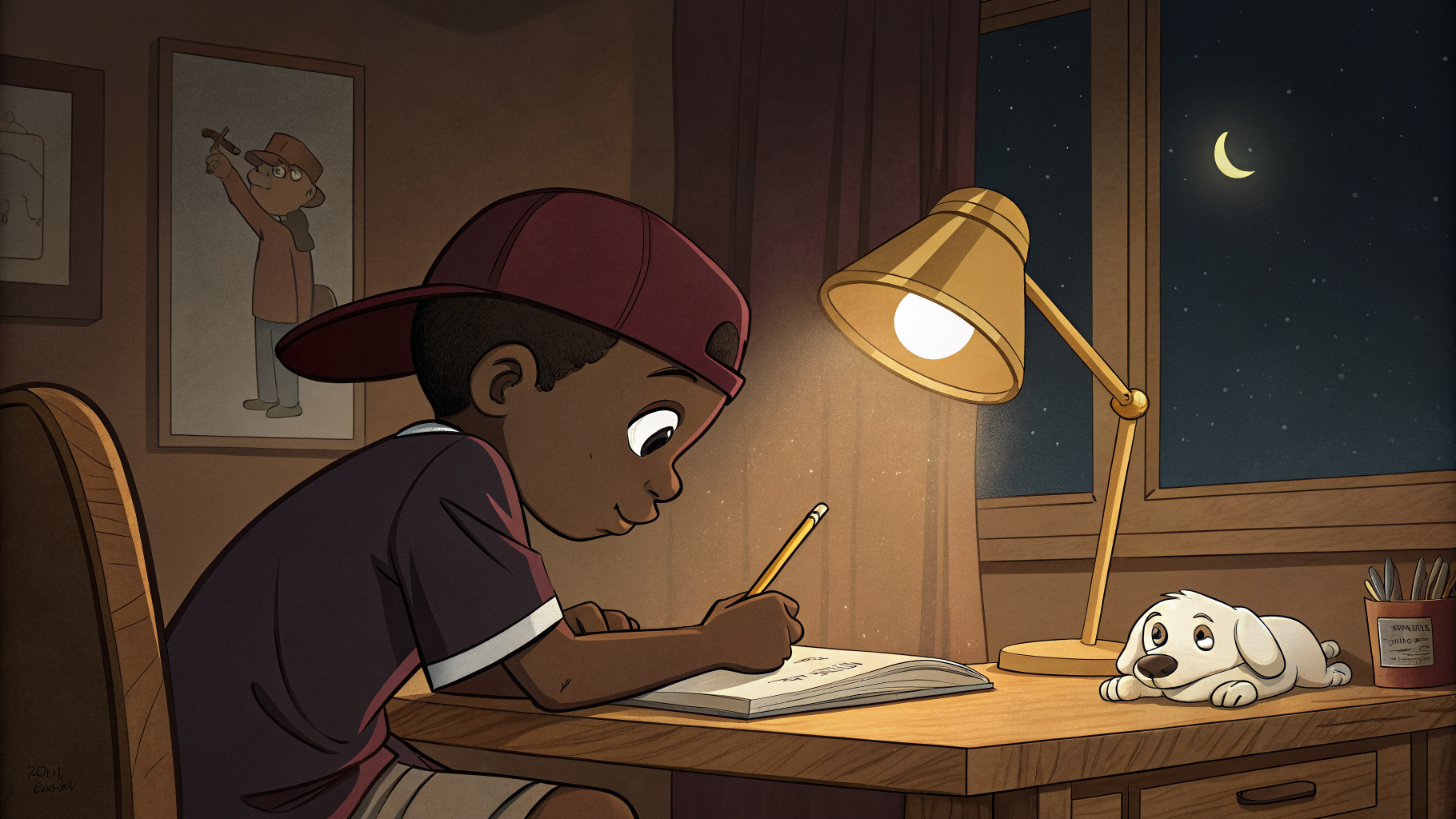 A desk at night — Lil Dev's creative workspace for ideas and adventures