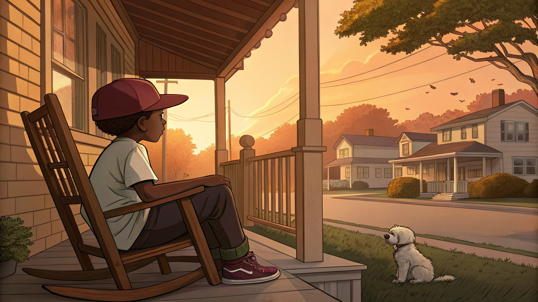 The front porch at dusk — a quiet place for thinking and reflection in Lil Dev's world